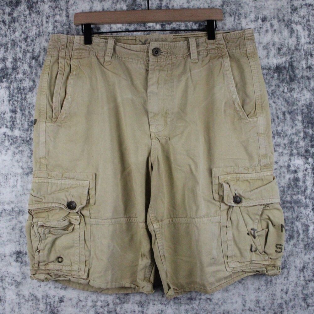 American Eagle Cargo Shorts Men's 36 Beige Longer Length Paratrooper Utility Y2K